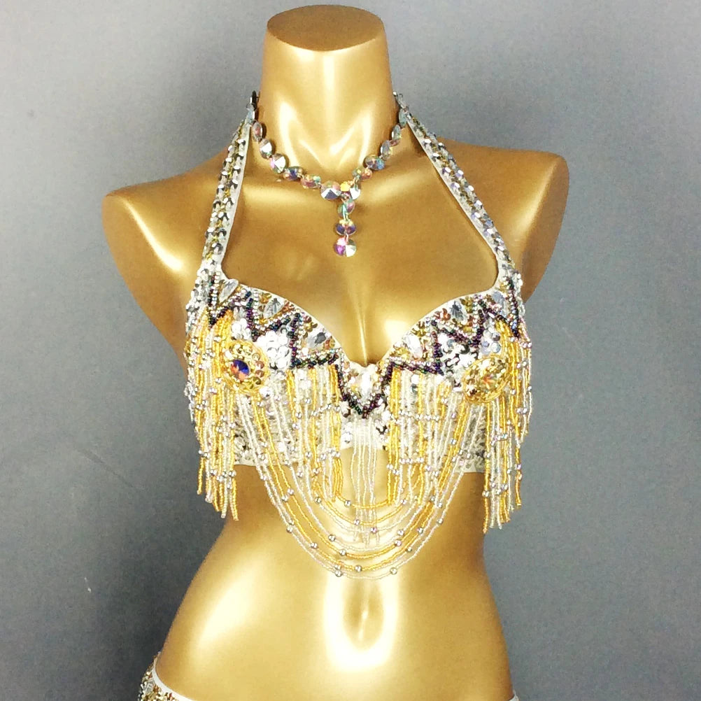 Belly Dance Bra Top Women's Fuchsia Beaded Sequin Halter Neck with Draped Chains and Rhinestones