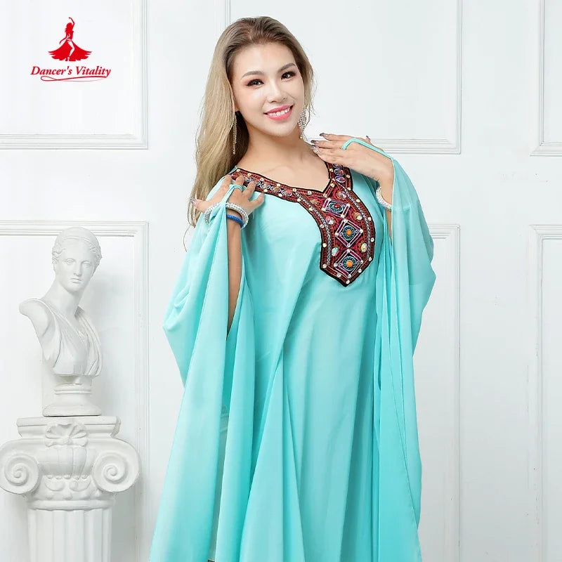 Women's Aqua Chiffon Embroidered V-Neck Kaftan Belly Dance Costume