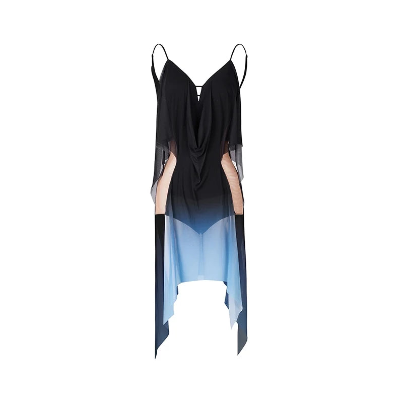 Women's Black & Blue Ombre Mesh Asymmetrical Latin Dance Dress