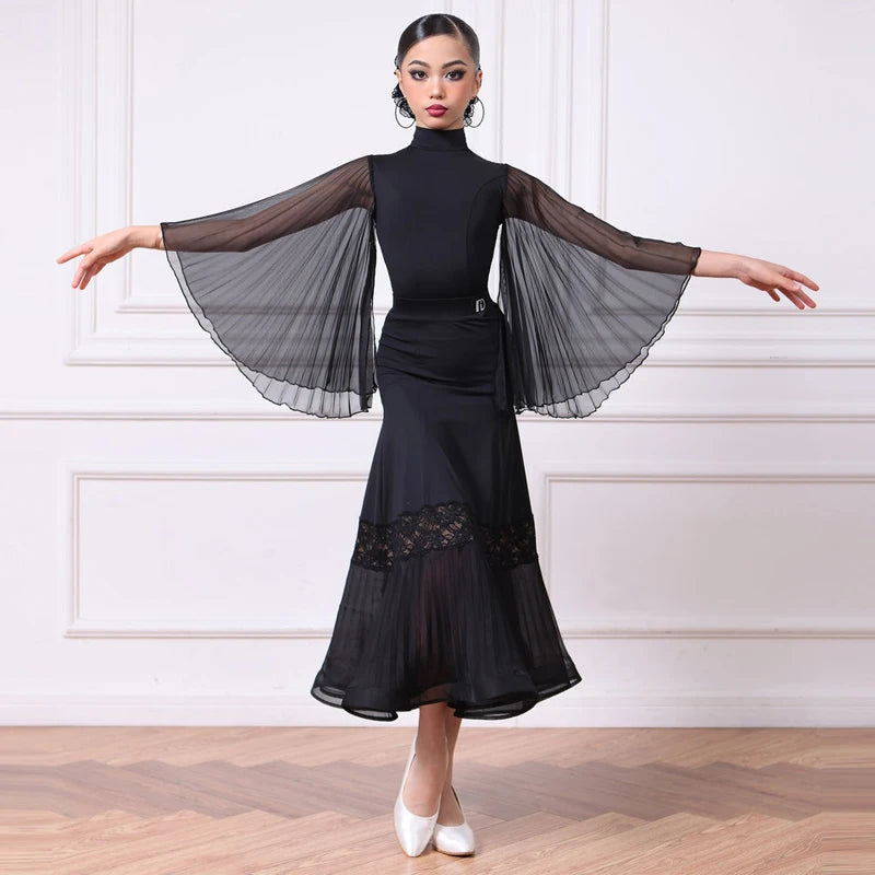 Women's Black Ballroom Dance Dress with Pleated Chiffon Sleeves and Lace Hem