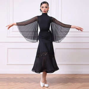 Women's Black Ballroom Dance Dress with Pleated Chiffon Sleeves and Lace Hem