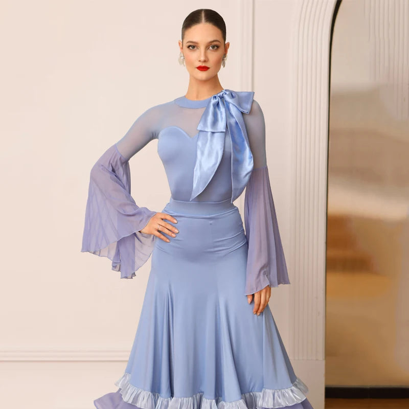 Women's Blue Mesh Bell Sleeve Ballroom Dance Dress with Satin Bow & Ruffled Hem