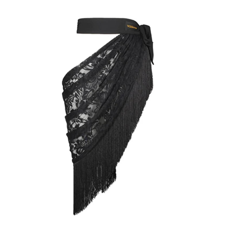 Women's Black Lace Halter Bodysuit with Fringe Latin Dance Skirt