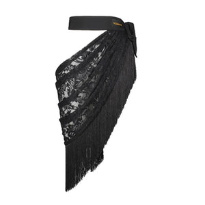 Women's Black Lace Halter Bodysuit with Fringe Latin Dance Skirt