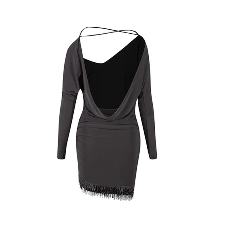 Women's Black Halter Neck Dolman Sleeve Fringe Hem Latin Dance Dress