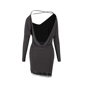 Women's Black Halter Neck Dolman Sleeve Fringe Hem Latin Dance Dress