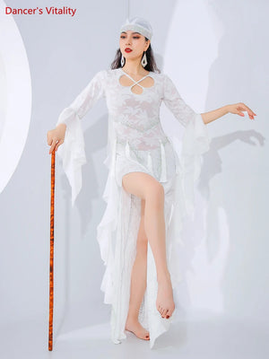 Women's Lime Green Chiffon & Lace Long Sleeve Tassel Belly Dance Dress with Headband