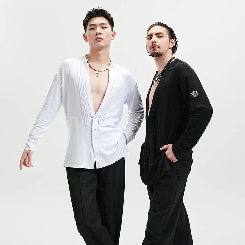 Men's White & Black Pleated V-Neck Long Sleeve Button-Down Dance Shirt
