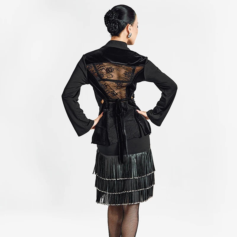 Women's Black Long Sleeve Button-Front Dance Shirt with Tiered Fringe Latin Skirt