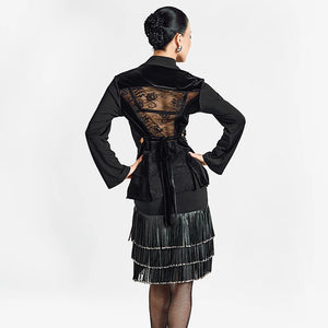 Women's Black Long Sleeve Button-Front Dance Shirt with Tiered Fringe Latin Skirt