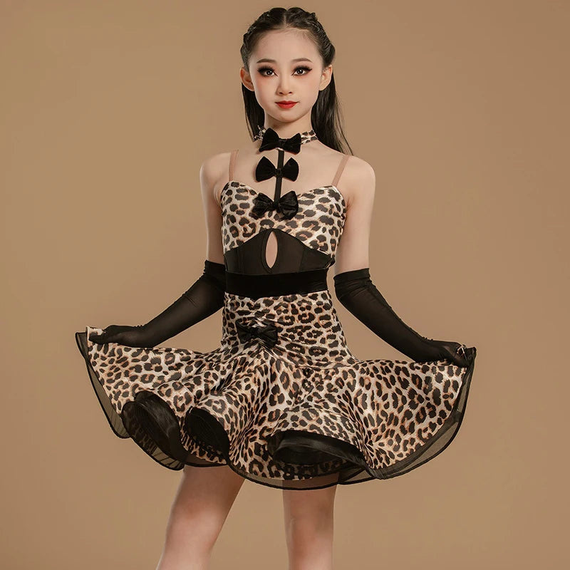 Girls Leopard Print Mesh Latin Dance Dress with Gloves