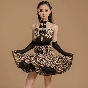 Girls Leopard Print Mesh Latin Dance Dress with Gloves