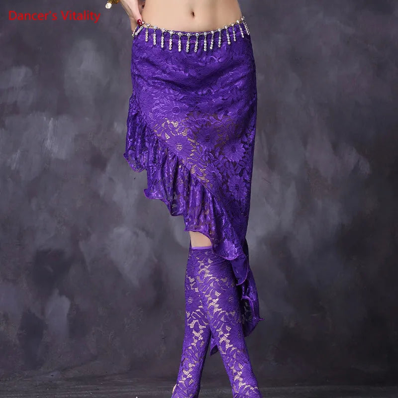 Belly Dance Skirt Women's Black Lace Asymmetrical Ruffled High-Slit Skirt with Hip Scarf and Leggings for Belly Dance Performance
