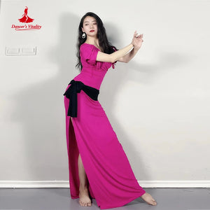 Belly Dance Dress Women's Magenta Slit-Skirt V-Neck Short Sleeve with Black Sash Lycra Spandex Performance Costume