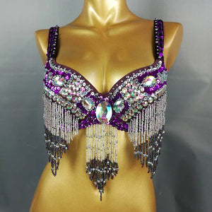 Women's Black Sequin Beaded Fringe Belly Dance Bra Top