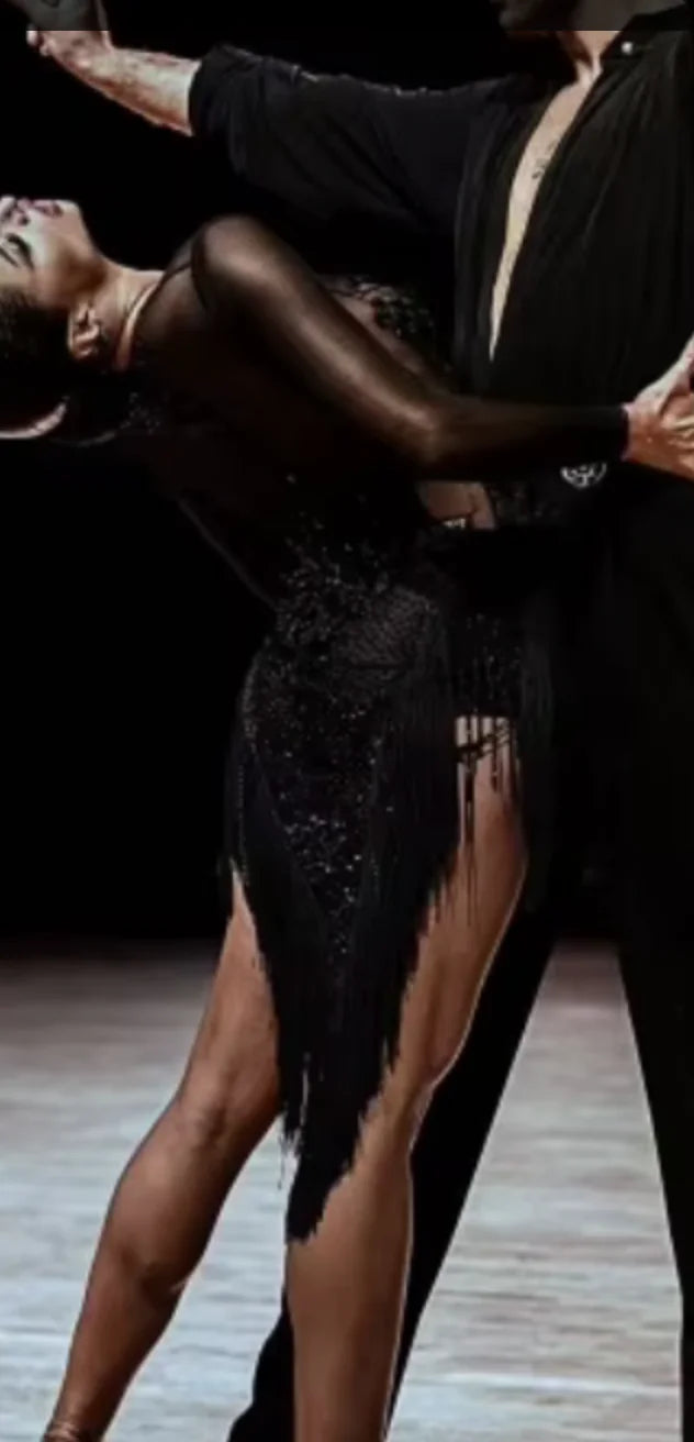 Women's Black Strapless Fringe Sequin Sheer Bodice Latin Dance Dress with Gloves