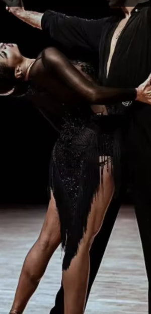 Women's Black Strapless Fringe Sequin Sheer Bodice Latin Dance Dress with Gloves
