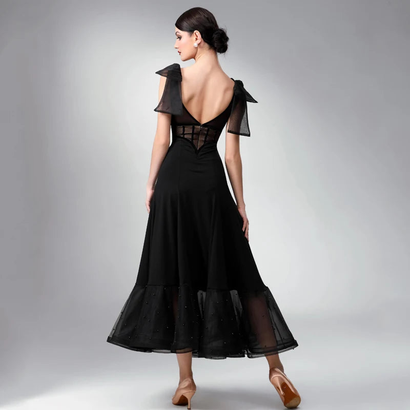 Women's Black Sheer Mesh & Bow Detail Ballroom Latin Rhythm Dance Dress with Beaded Hem