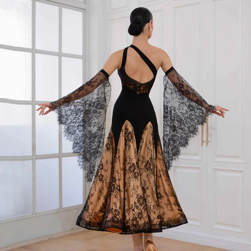 Ballroom Dress Women's Black and Gold Lace Mesh One Shoulder Asymmetrical Hem Standard Dance
