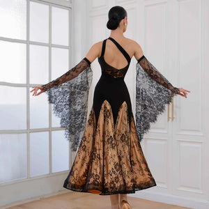 Ballroom Dress Women's Black and Gold Lace Mesh One Shoulder Asymmetrical Hem Standard Dance