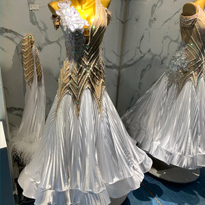 Ballroom Dance Dress Women White Beaded Pearl Pleated Long Gown