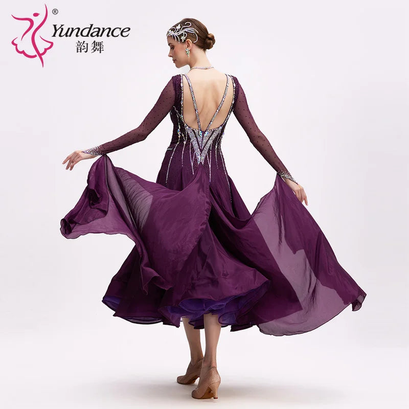 Women's Long Standard Ballroom Dance Dress With Rhinestones Satin Chiffon Purple For Performance
