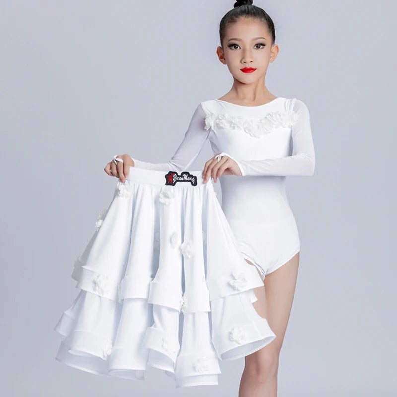 Girls White Ruffle Long Sleeve Latin Dance Dress with Floral Appliques