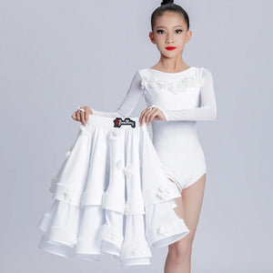 Girls White Ruffle Long Sleeve Latin Dance Dress with Floral Appliques