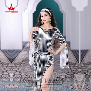 Women's Gold Striped Kaftan Dress with Sequin Trim and Headband for Belly Dance