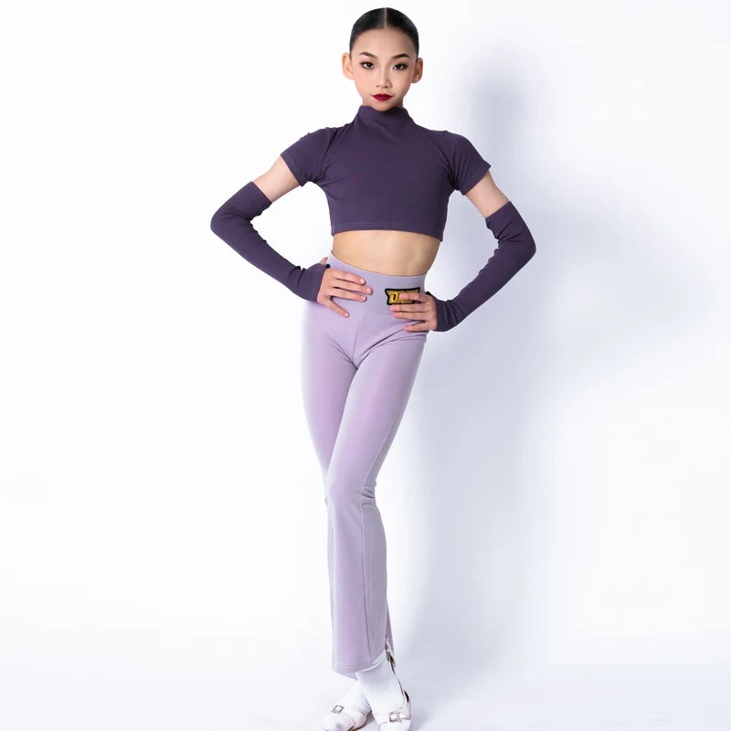 Girls' Lavender Ribbed Crop Top & Flared Pants Set with Arm Warmers, Ballroom Dance