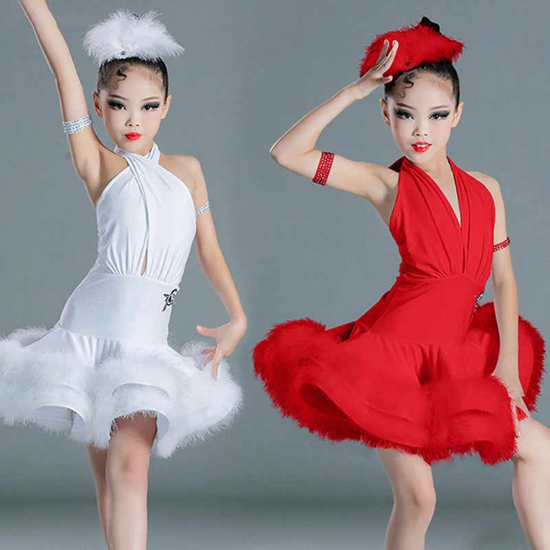 Girls Latin Dance Dress, White Halter Feathered Ruffle Skirt, Red Halter Feathered Ruffle Skirt