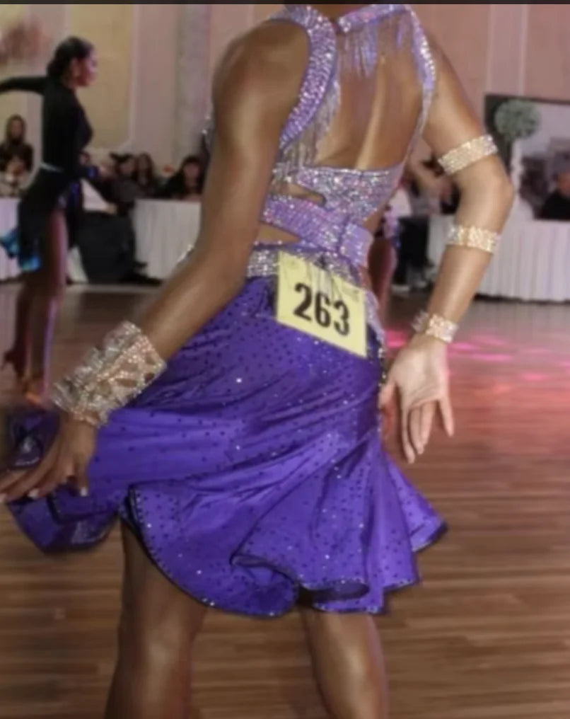Women's Purple and Silver Rhinestone Cut-Out Fringe Latin Dance Dress