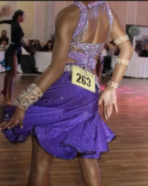 Women's Purple and Silver Rhinestone Cut-Out Fringe Latin Dance Dress
