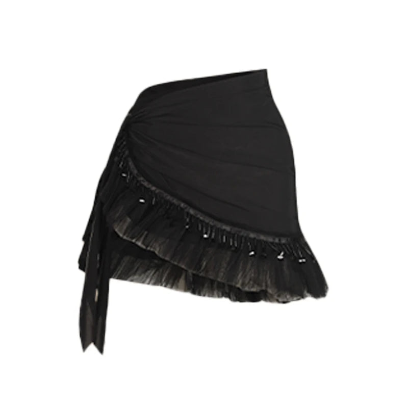 Women's Pink V-Neck Long Sleeve Bodysuit with Ruffled Sequin Wrap Skirt Latin Dance Dress