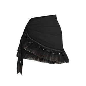 Women's Pink V-Neck Long Sleeve Bodysuit with Ruffled Sequin Wrap Skirt Latin Dance Dress