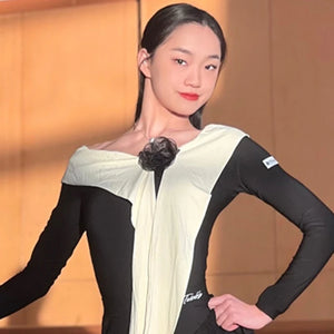 Women's Black and Cream Off-Shoulder Long Sleeve Lace Ballroom Dance Dress