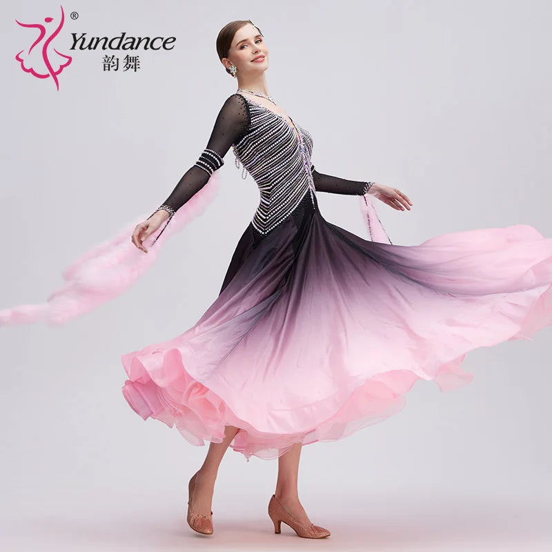 Women's International Standard Ballroom Dance Dress Pearl-Embellished Silk Black-Pink Gradient Competition