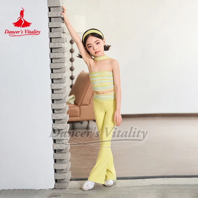 Girls Pink Striped Strapless Fringe Latin Dance Dress