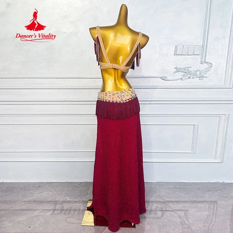 Latin Dance Dress Women's Maroon Fringe Rhinestone Cutout Performance Costume