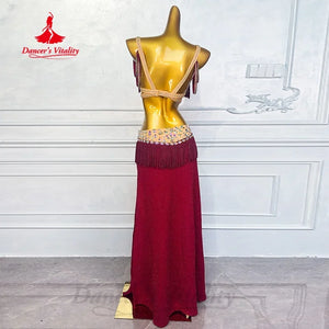 Latin Dance Dress Women's Maroon Fringe Rhinestone Cutout Performance Costume