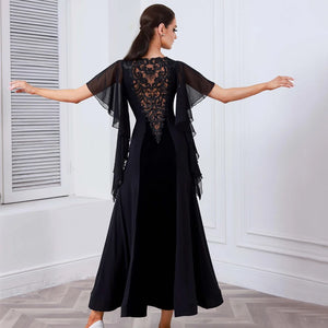 Women's Black Velvet and Chiffon V-Neck Ballroom Dance Dress with Flutter Sleeves