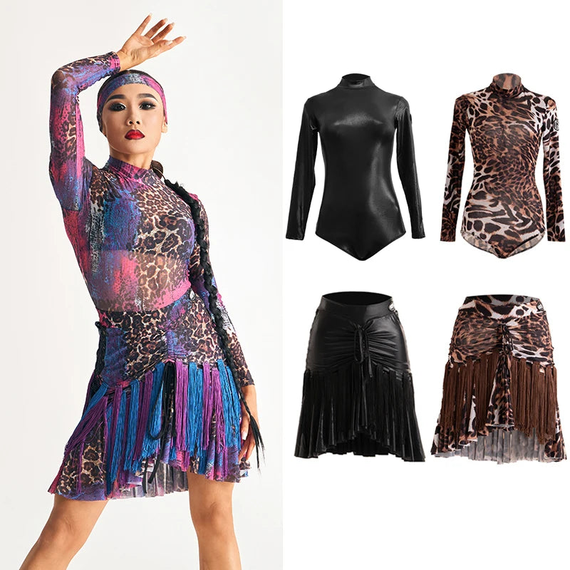 Women's Leopard Print Mesh Long Sleeve Bodysuit with Fringe Skirt Latin Dancewear