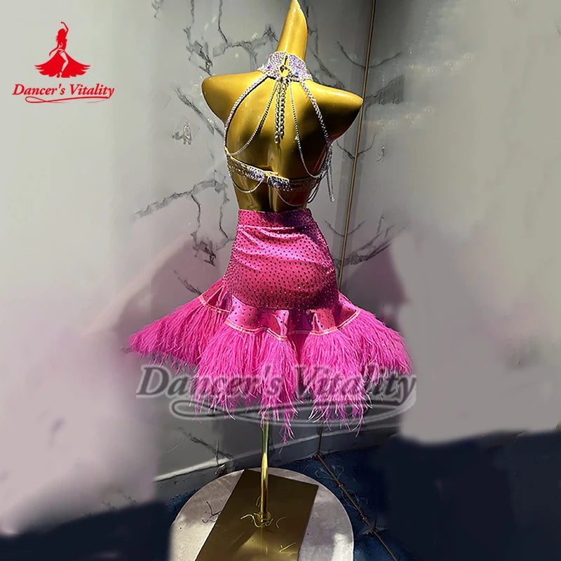 Latin Dance Dress Women Hot Pink Rhinestone Feather Halter Bodysuit & Skirt Set
