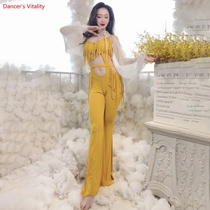 Women's Yellow Fringe Cutout Jumpsuit with Sheer Sleeves, Belly Dance Costume