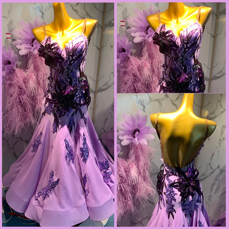 Ballroom Dance Dress Women's Lavender Sequin & Feather Embellished Standard Smooth Gown