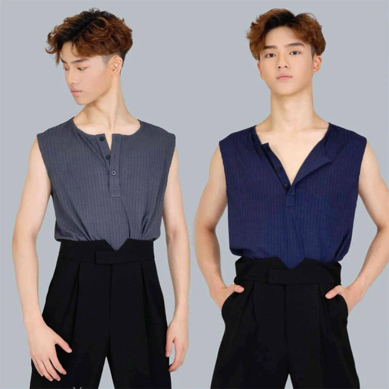 Men's Gray & Navy Ribbed Sleeveless Henley Dance Top with High-Waisted Black Pants, Modern Lyrical Ballet Contemporary Dancewear