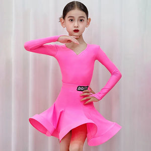 Girls' Pink Long Sleeve V-Neck Ruffled Skirt Latin Dance Dress