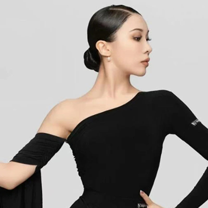 Women's Black & White One-Shoulder Ruched Latin Dance Dress with Flowing Sleeves