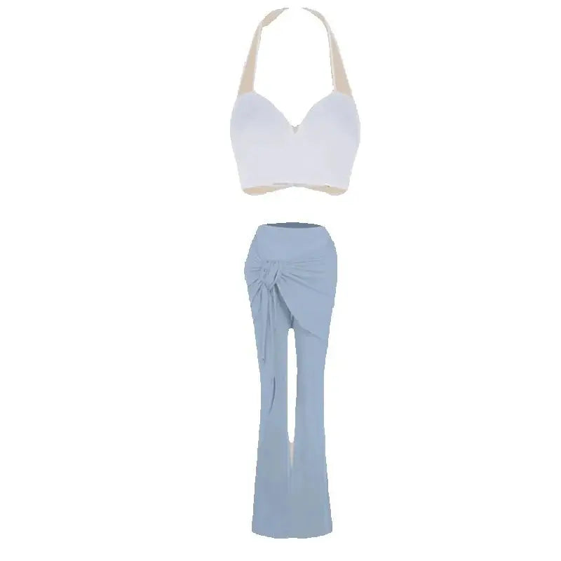 Dancewear Set Women's Light Blue & Peach Floral Halter Crop Top with Draped Wide-Leg Pants Latin Ballroom