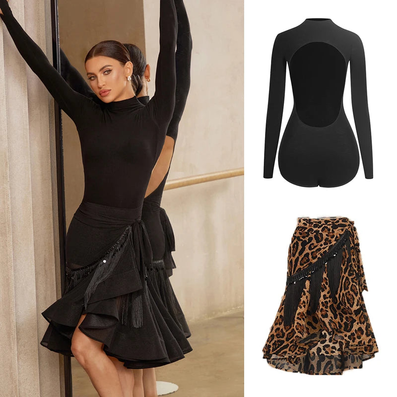Women's Black Long Sleeve Mock Neck Open Back Leotard with Ruffled Tassel Latin Dance Skirt